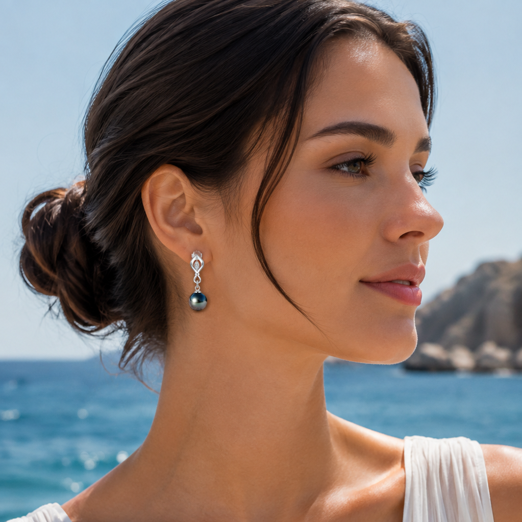 Boucle d'Oreille Perle de Tahiti Noire & Moissanite