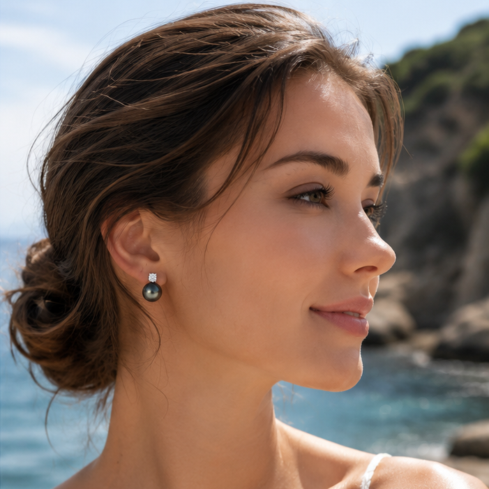 Boucles d'Oreilles Perle de Tahiti Noire Or 18k