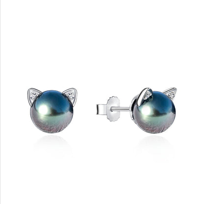 Boucles d'Oreilles Chat Perle de Tahiti Argent S925