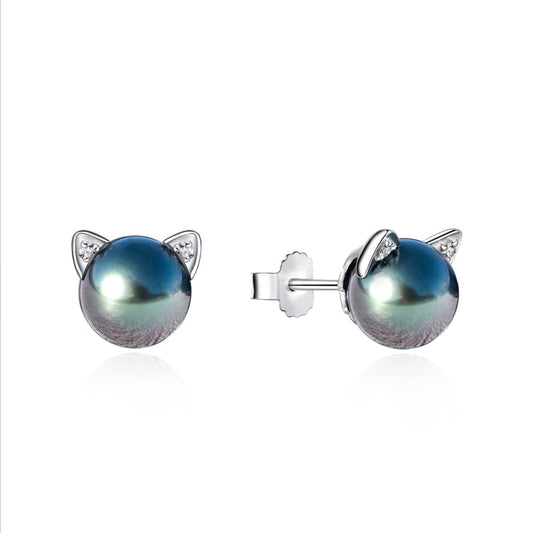 Boucles d'Oreilles Chat Perle de Tahiti Argent S925