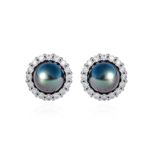 Boucles d'Oreilles Perle de Tahiti Noire Diamant Moissanite Argent 925