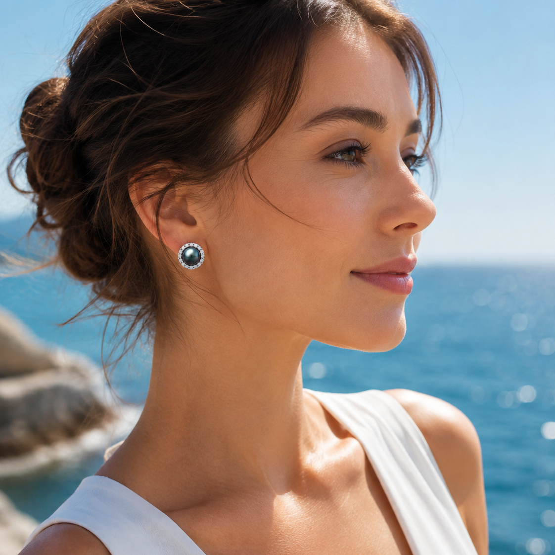 Boucles d'Oreilles Perle de Tahiti Noire Diamant Moissanite Argent 925