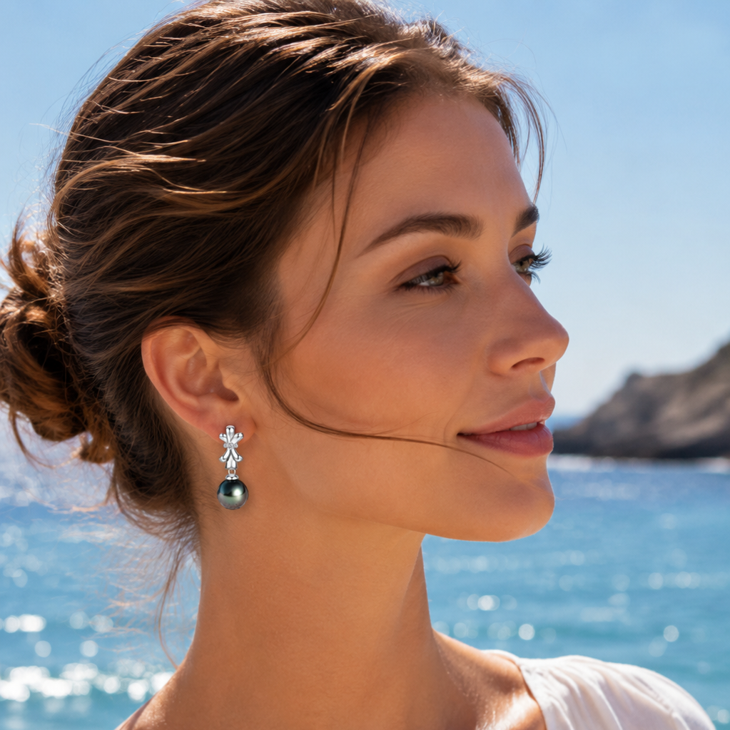 Boucles d'Oreilles Perle Noire Tahiti Argent 925 Moissanite