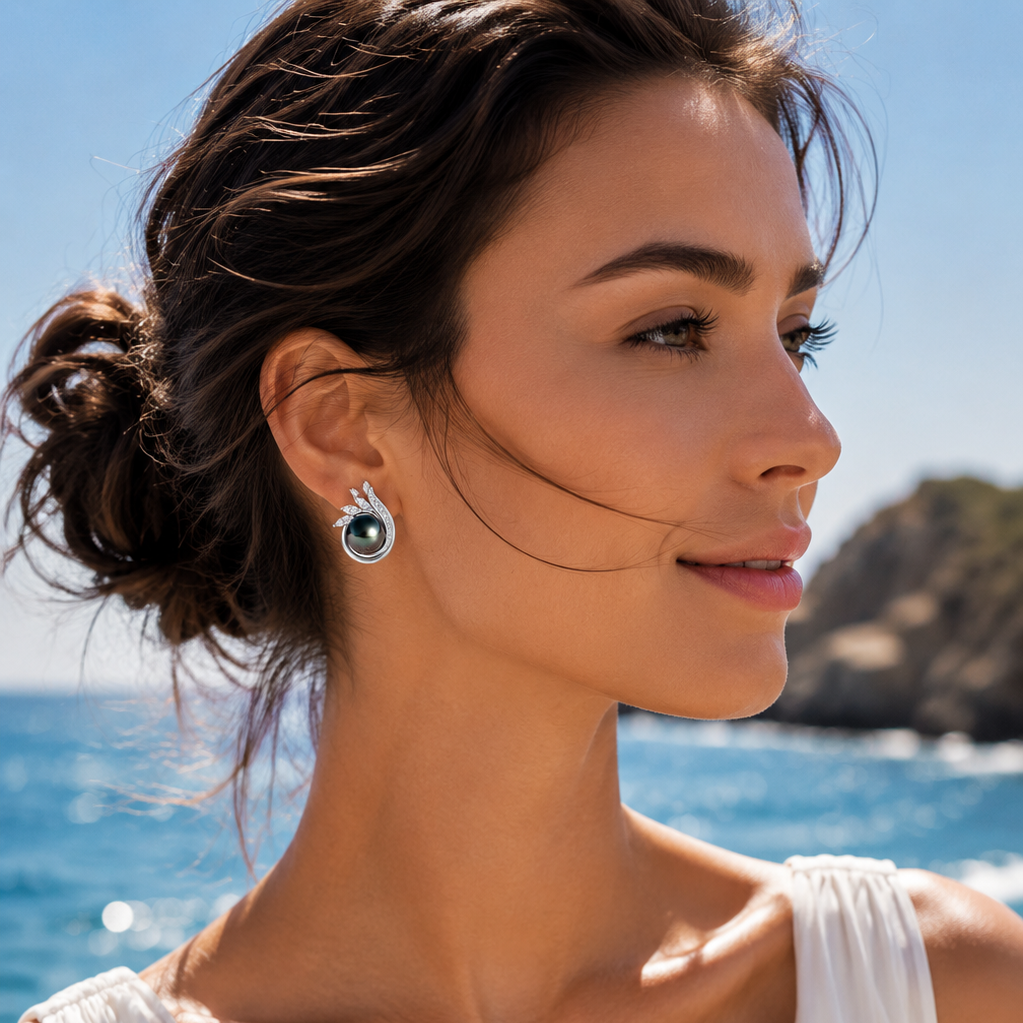 Boucle d'Oreille Perle de Tahiti Noire Argent Massif