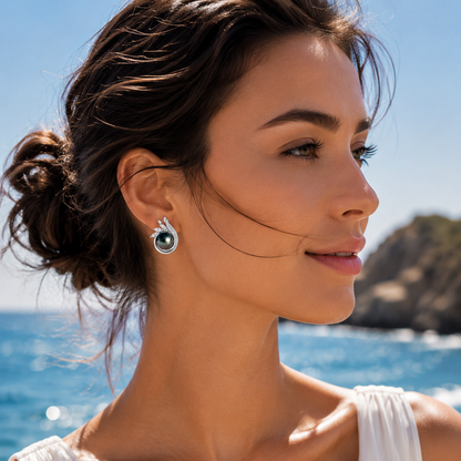 Boucle d'Oreille Perle de Tahiti Noire Argent Massif