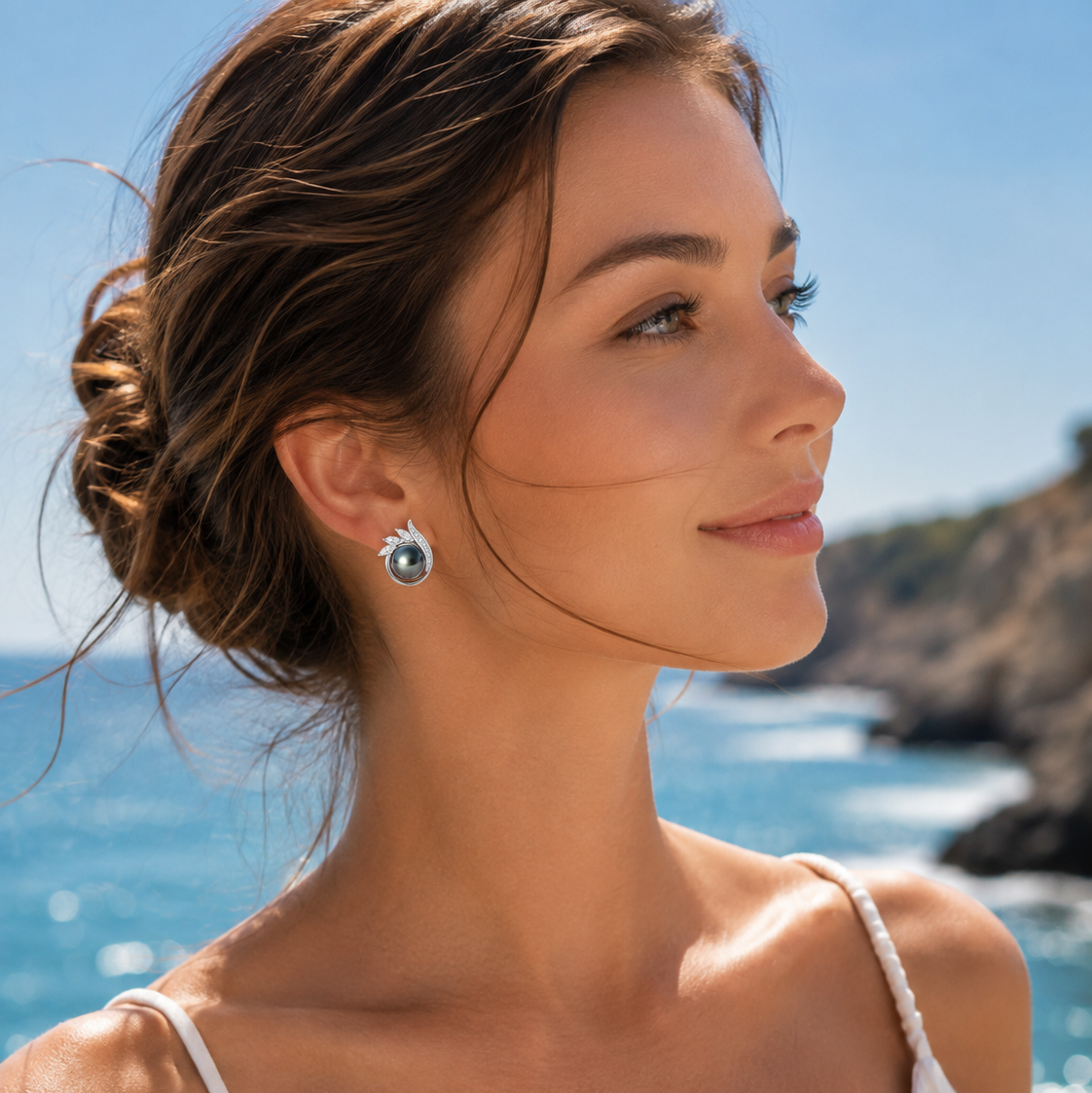 Boucle d'Oreille Perle de Tahiti Noire Argent Massif