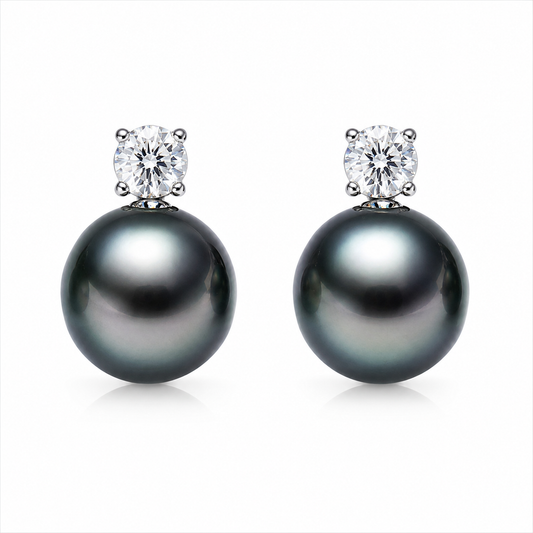 Boucles d'Oreilles Perle de Tahiti Alexandra Or Blanc Moissanite