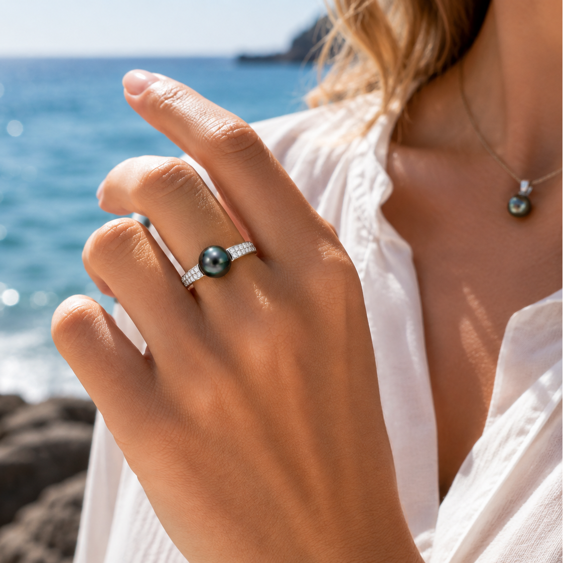 Bague Émilie Argent Perle de Tahiti Noire AAA-AAAA