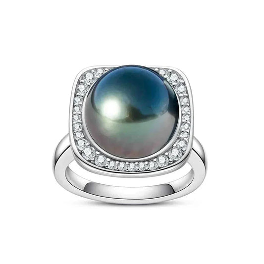 Bague Argent Perle de Tahiti Noire & Diamants Moissanites