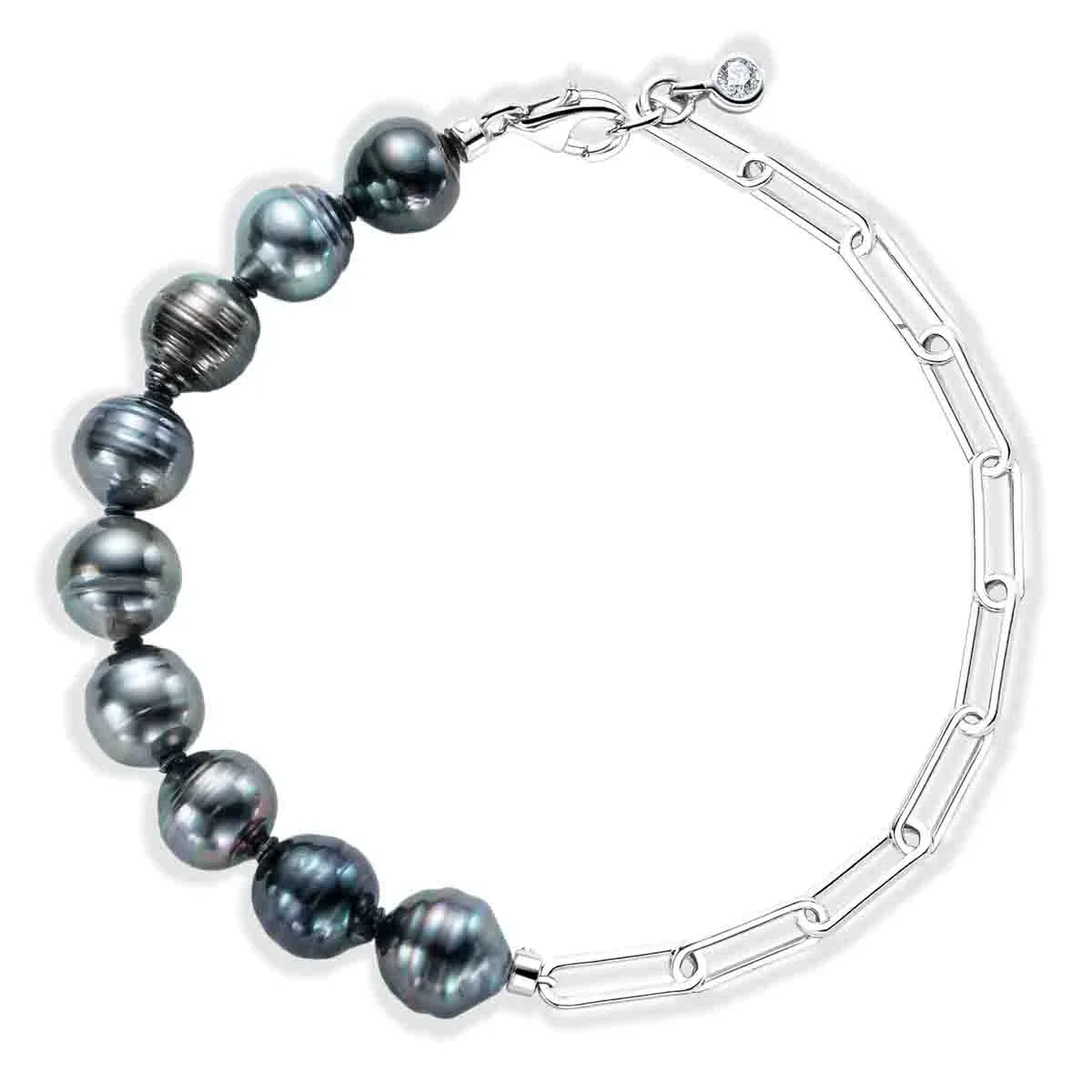 Bracelet Perle de Tahiti Noire Baroque Argent & Moissanite