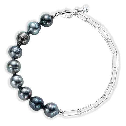 Bracelet Perle de Tahiti Noire Baroque Argent & Moissanite