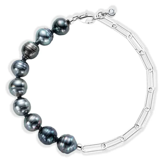 Bracelet Perle de Tahiti Noire Baroque Argent & Moissanite