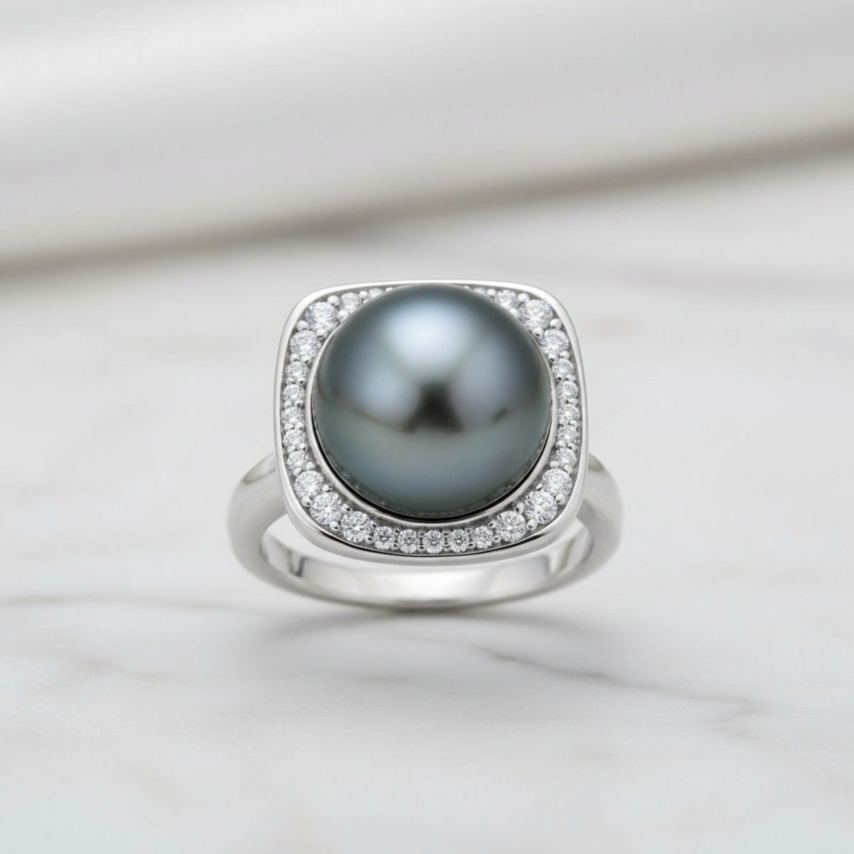 Bague Argent Perle de Tahiti Noire & Diamants Moissanites