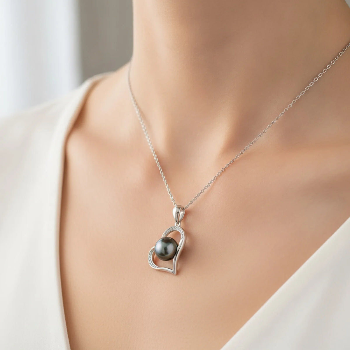 Pendentif Cœur Perle de Tahiti Argent 925 Zircon