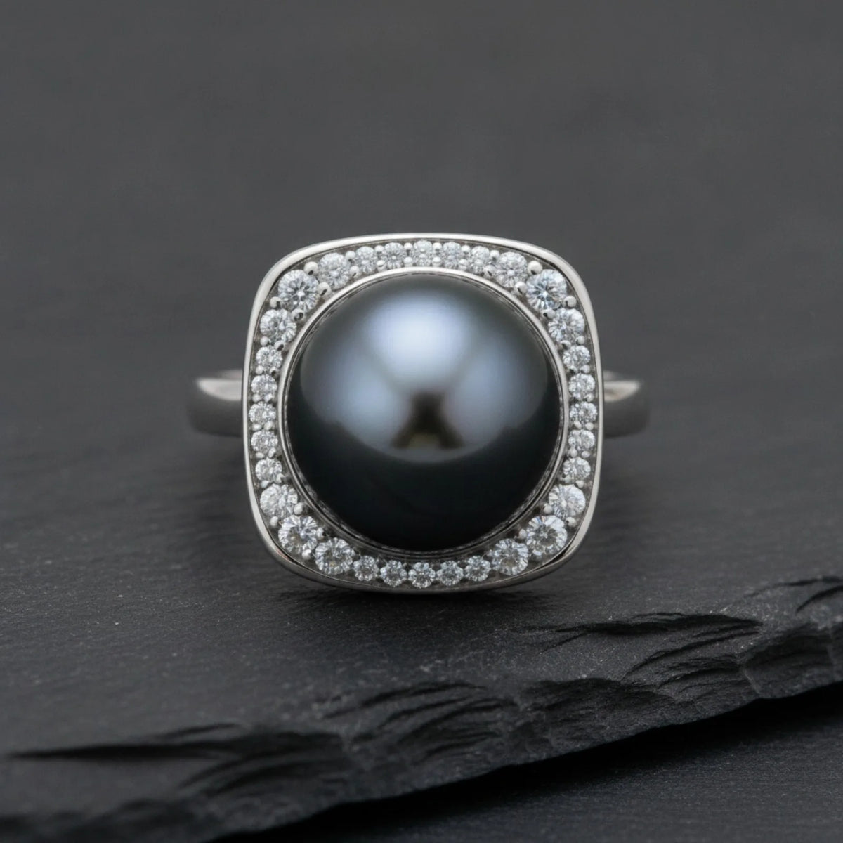 Bague Argent Perle de Tahiti Noire & Diamants Moissanites