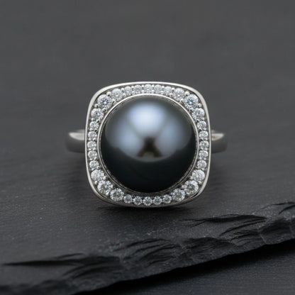 Bague Argent Perle de Tahiti Noire & Diamants Moissanites