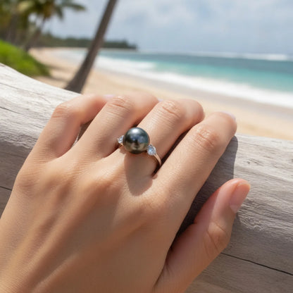 Bague Or Blanc Perle de Tahiti & Diamants Moissanite