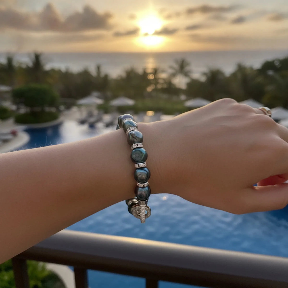 Bracelet Perles de Tahiti Noire Vert Baroque Argent