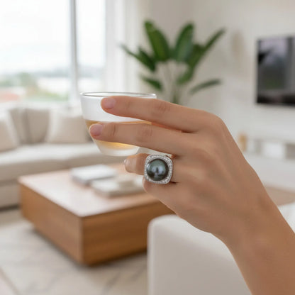 Bague Argent Perle de Tahiti Noire & Diamants Moissanites